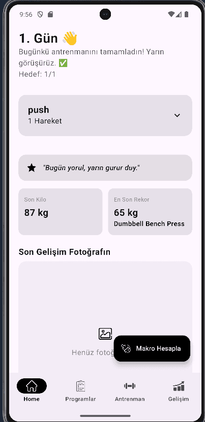 GymTracking ana sayfa görünümü