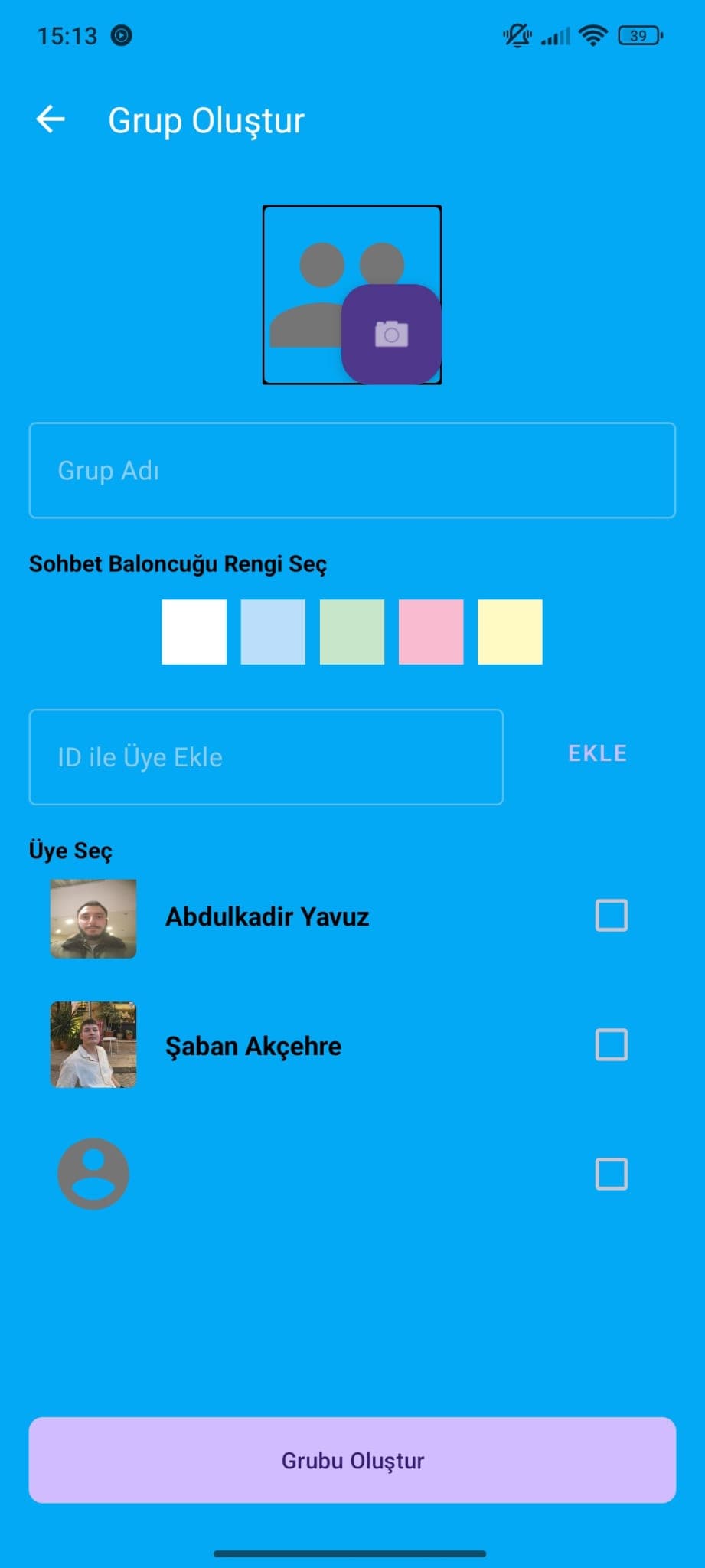 ChatApp yeni grup oluşturma